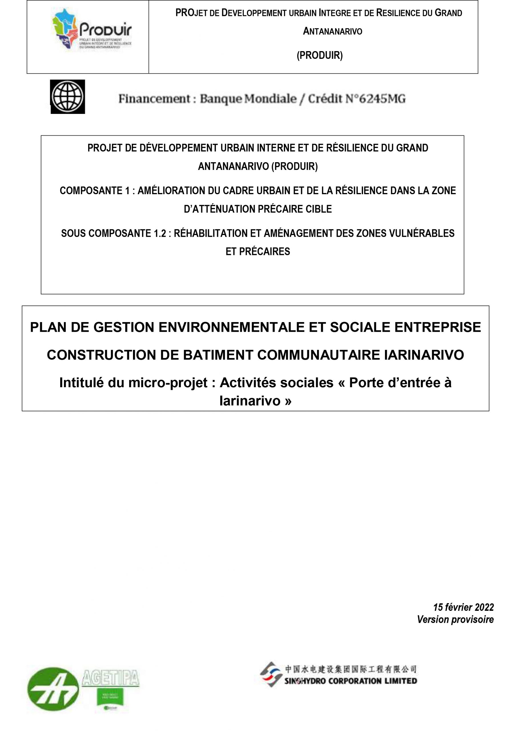 PLAN DE GESTION ENVIRONNEMENTALE ET SOCIALE ENTREPRISE CONSTRUCTION DE BATIMENT COMMUNAUTAIRE IARINARIVO