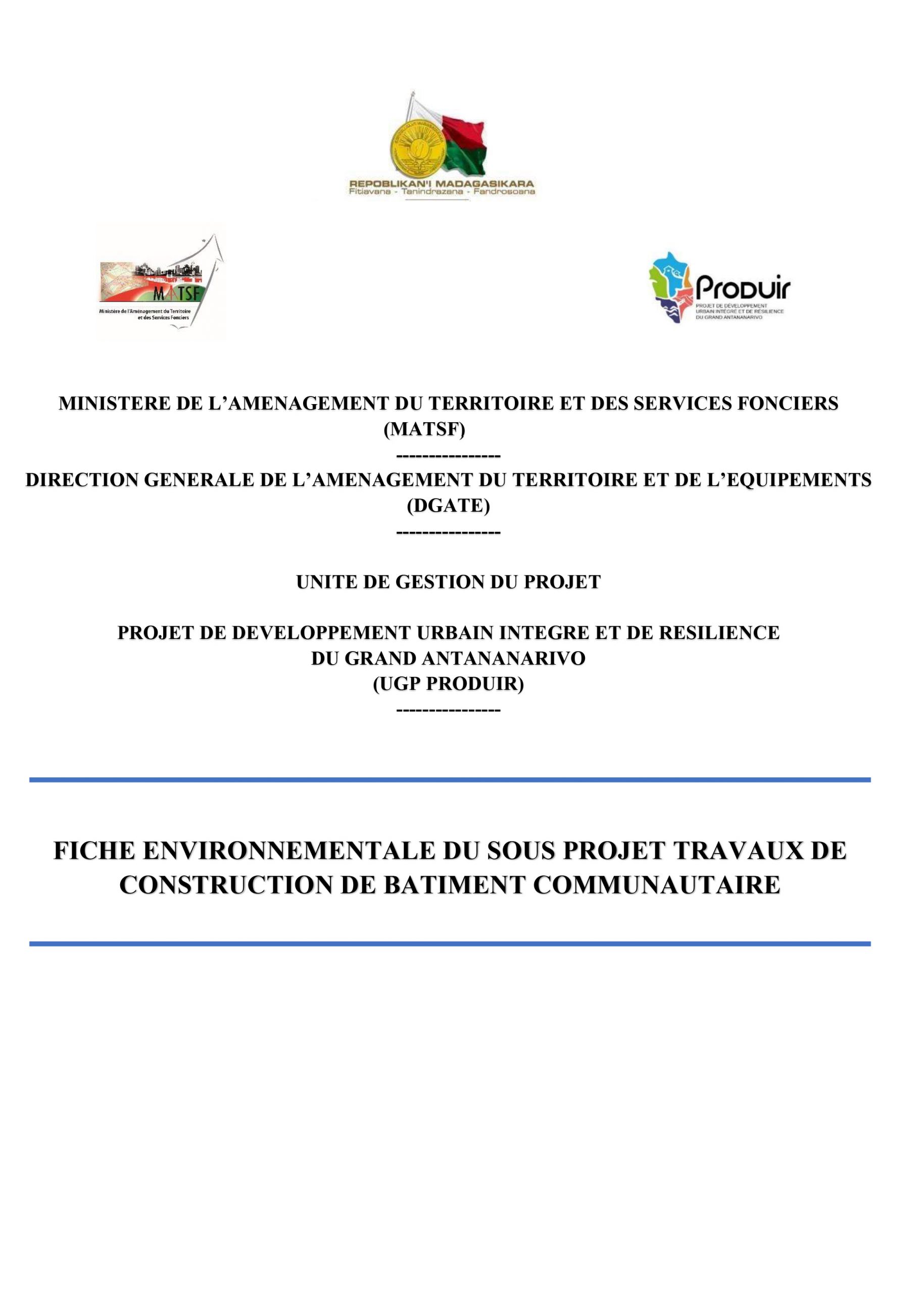 FICHE ENVIRONNEMENTALE DU SOUS PROJET TRAVAUX DE<br>CONSTRUCTION DE BATIMENT COMMUNAUTAIRE