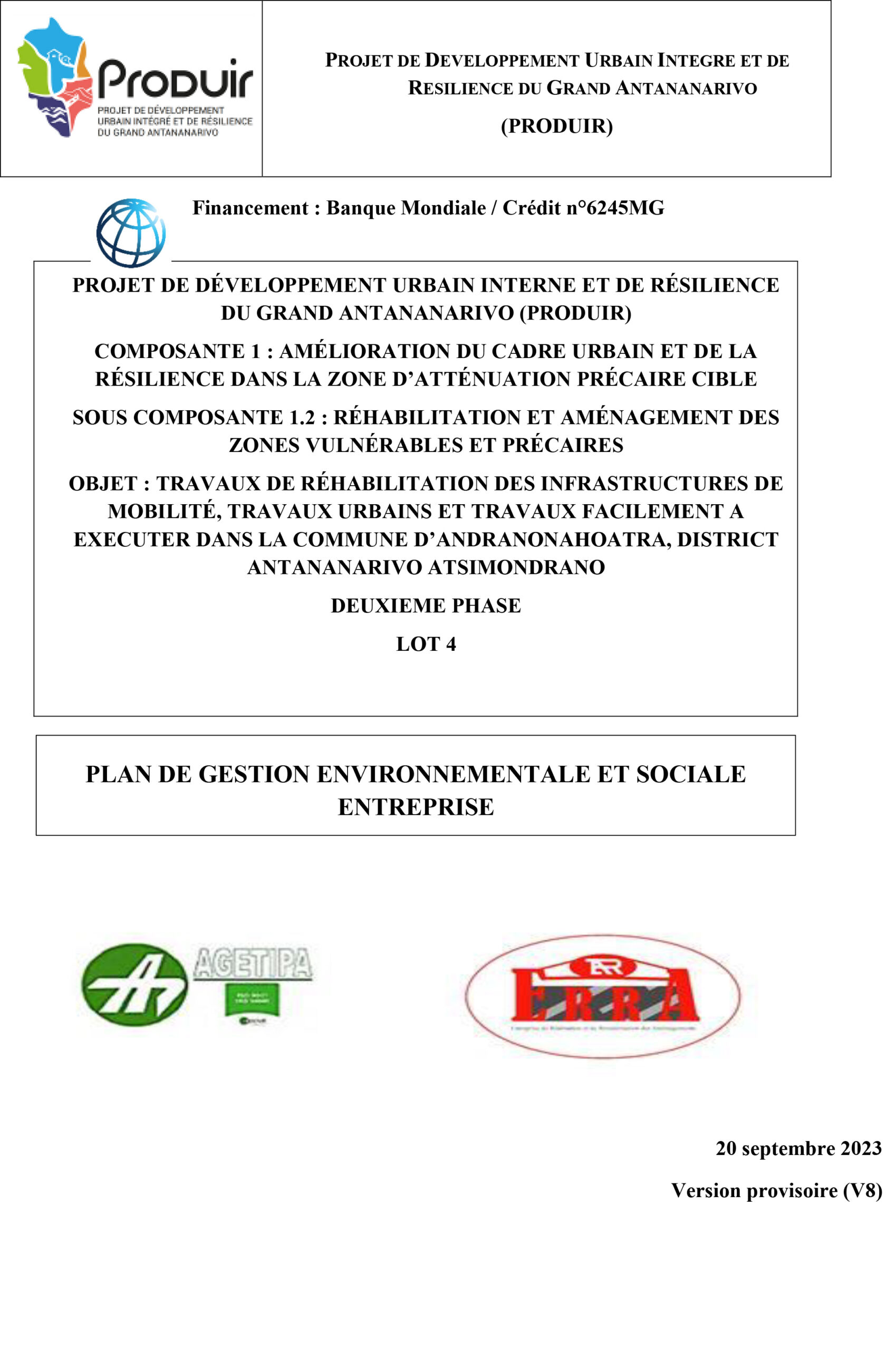 PLAN DE GESTION ENVIRONNEMENTALE ET SOCIALE ENTREPRISE ERRA – TRAVAUX URBAINS PHASE II