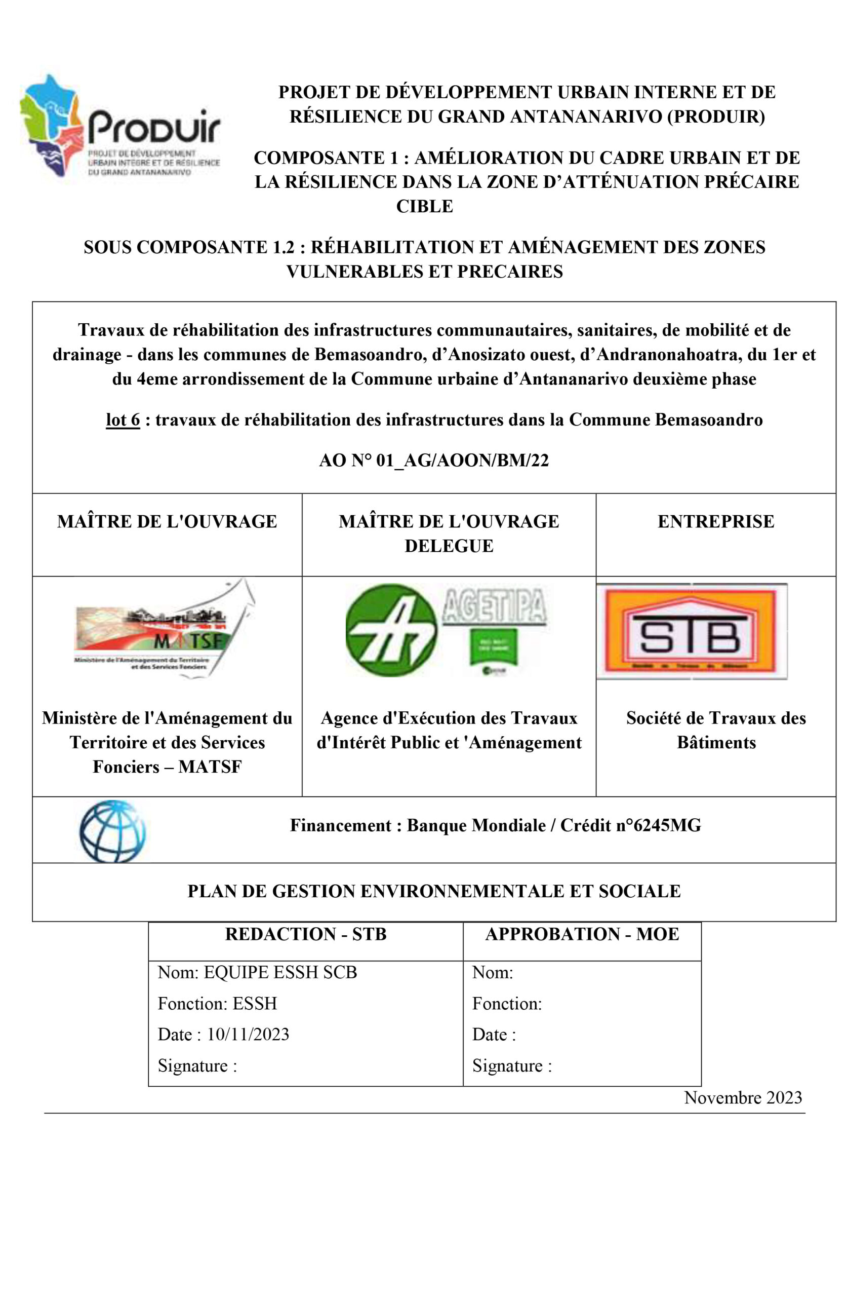 PLAN DE GESTION ENVIRONNEMENTALE ET SOCIALE ENTREPRISE STB – TRAVAUX URBAINS PHASE II