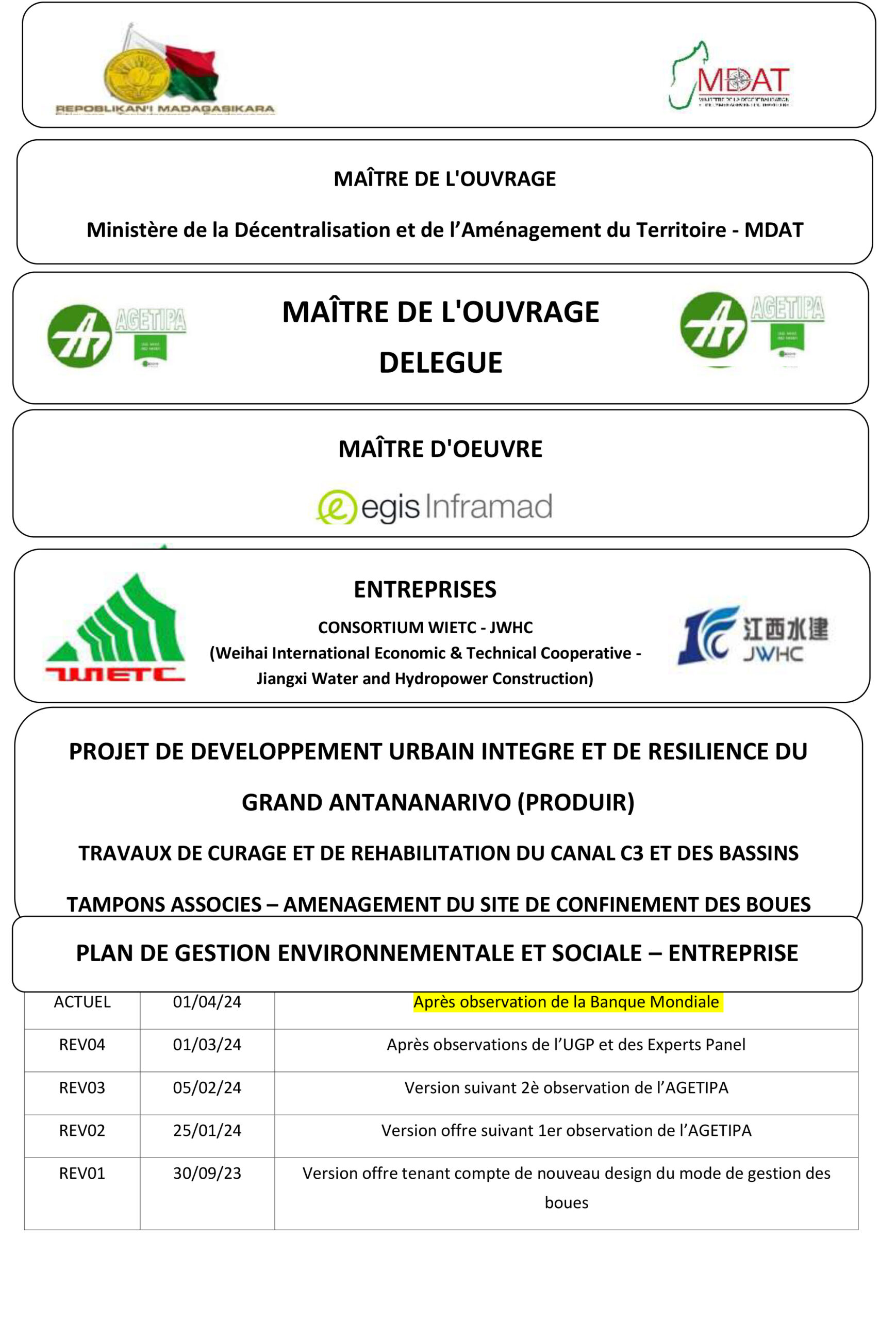 PLAN DE GESTION ENVIRONNEMENTALE ET SOCIALE – ENTREPRISE TRAVAUX DE CURAGE ET DE REHABILITATION DU CANAL C3 ET DES BASSINS