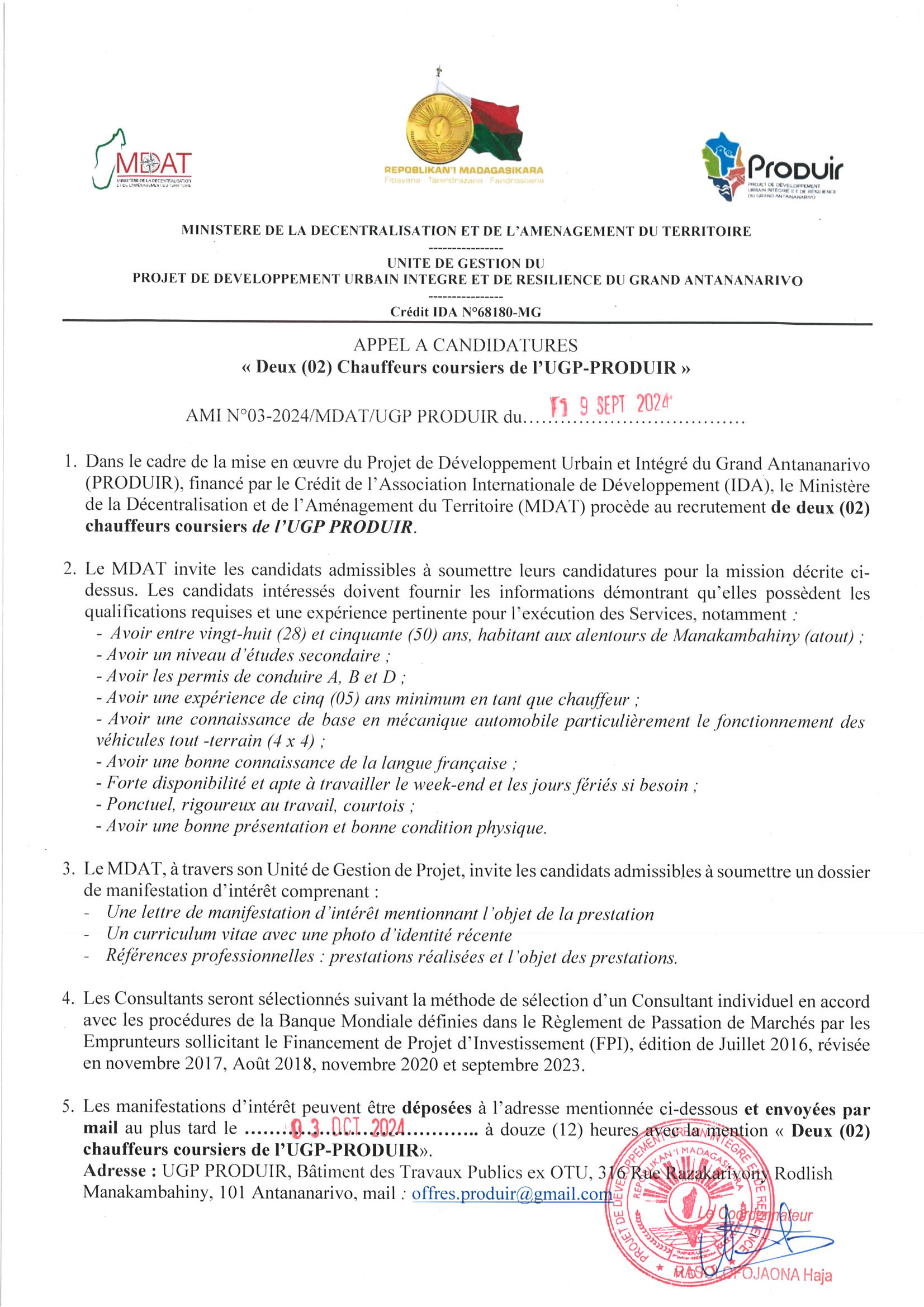 Appel à candidatures AMI №03-2024/MDAT/PRODUIR pour recrutement de Chauffeurs – Coursiers de l’UGP PRODUIR