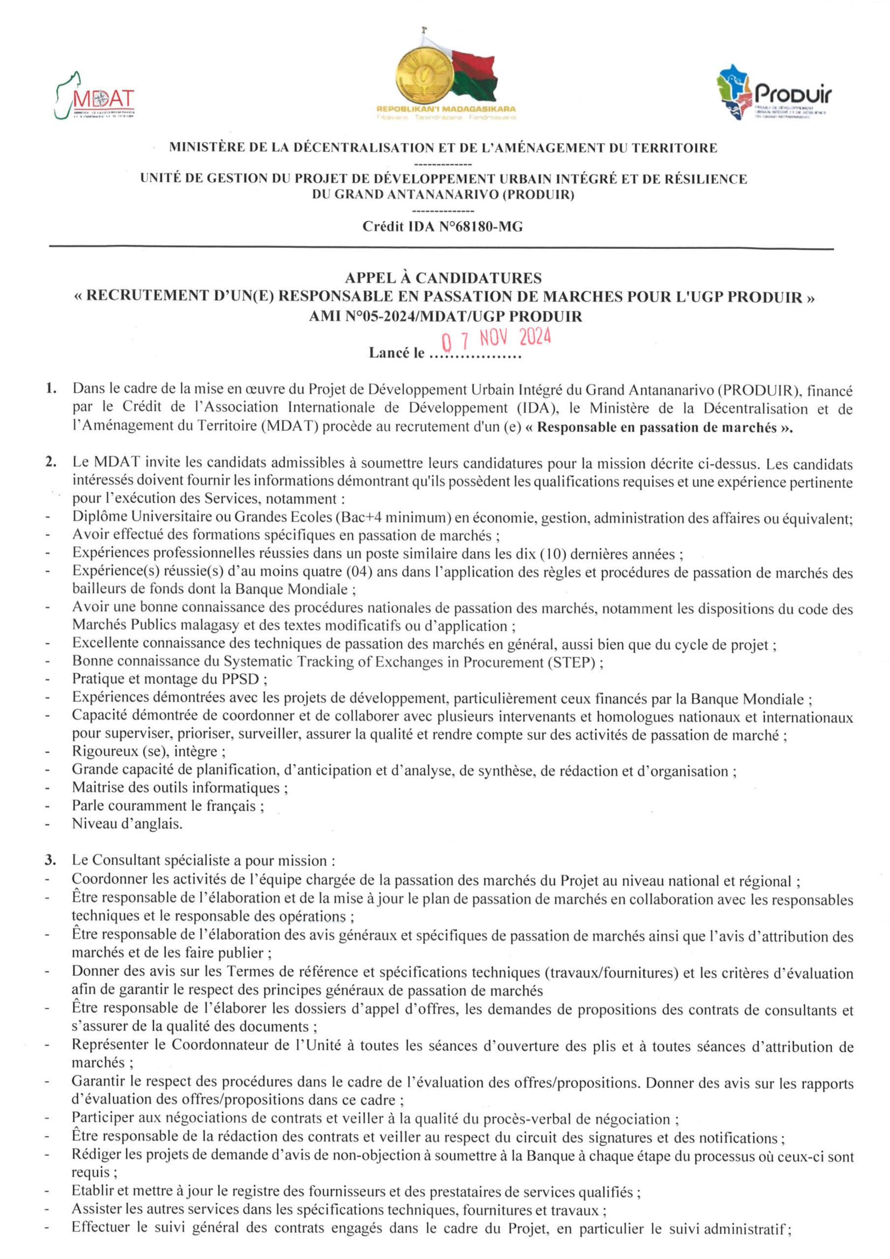 AMI N°05-2024/MDAT/UGP PRODUIR Appel à candidature pour recrutement d’un RESPONSABLE EN PASSATION DE MARCHÉ