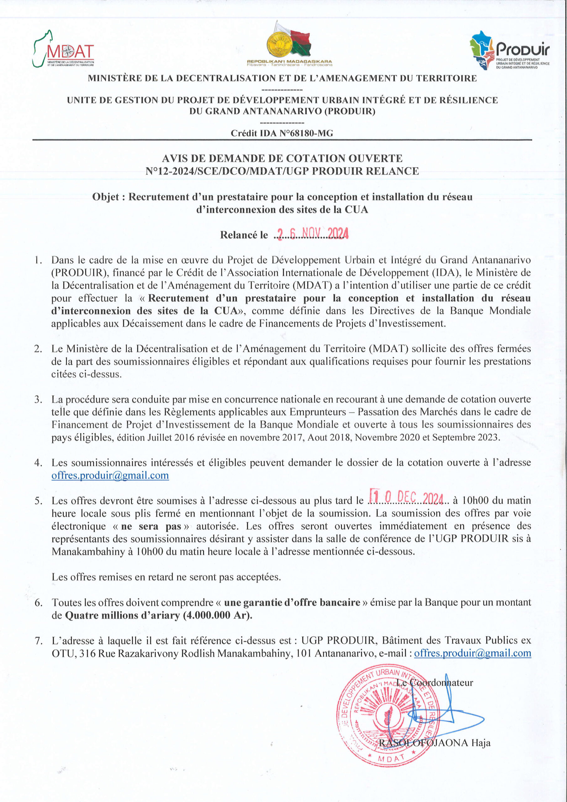 AVIS DE DEMANDE DE COTATION OUVERTE N° 12-2O24/SCE/DCO/MDAT/UGP PRODUIR RELANCE pour Recrutement d’un prestataire pour Ia conception et installation du réseau d’interconnexion des sites de la CUA