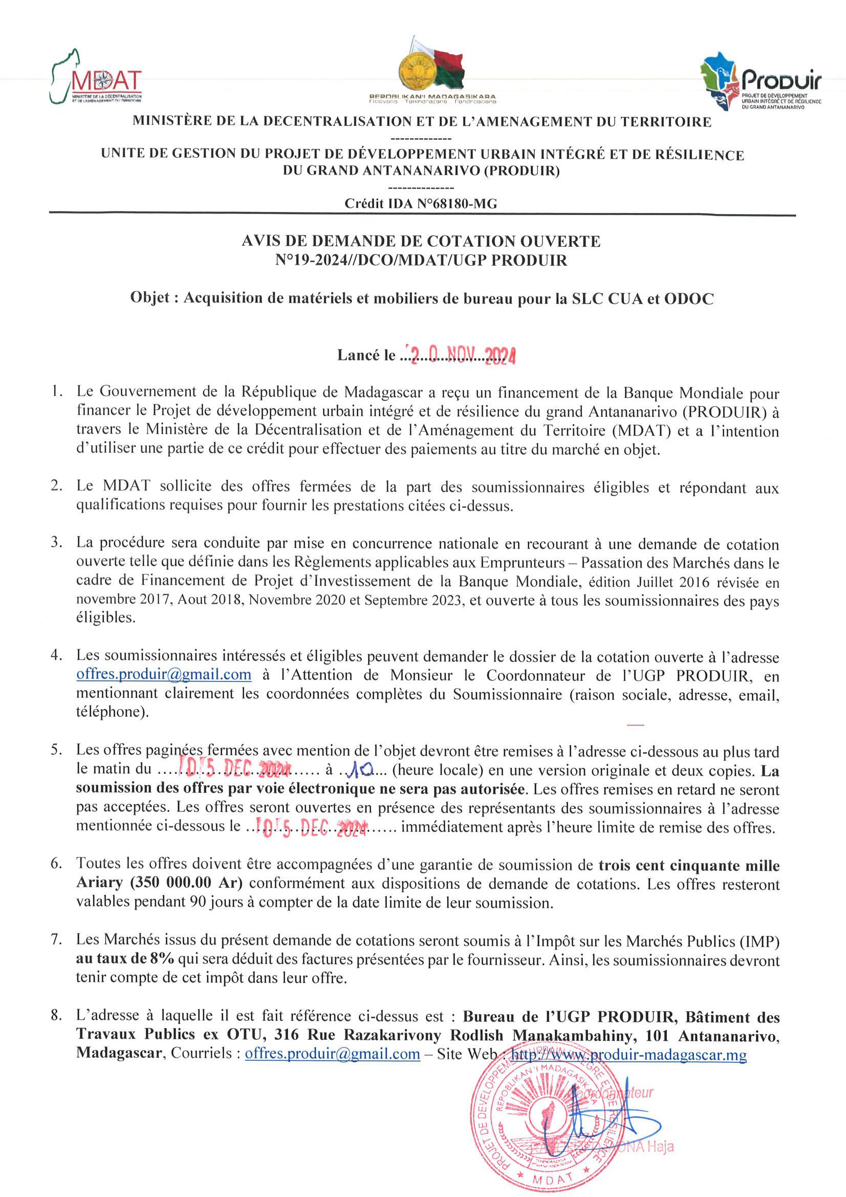 Avis de demande de cotation ouverte N°19 2024 FRNT UGP PRODUIR pour acquisition de matériels et mobiliers de bureau SLC CUA et ODOC